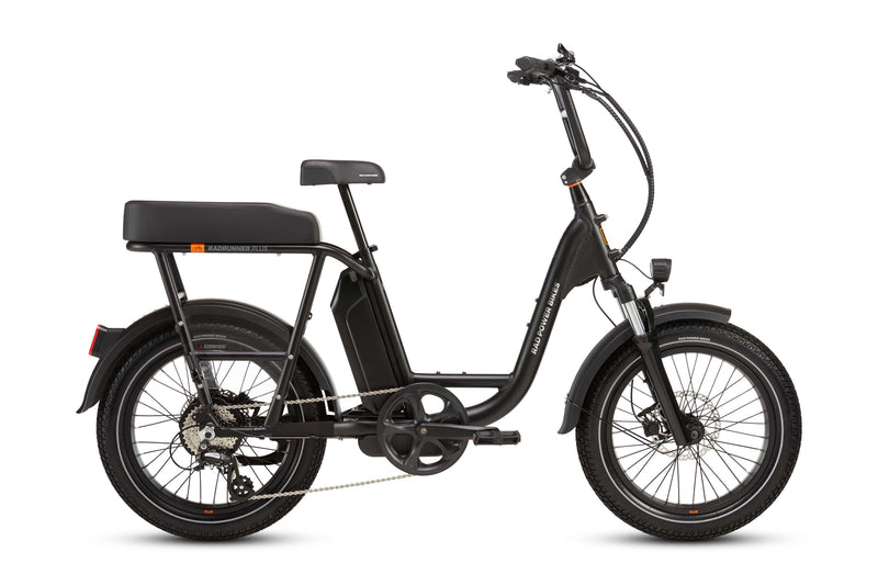 Right side of a matte black RadRunner cargo utility ebike on a white background.